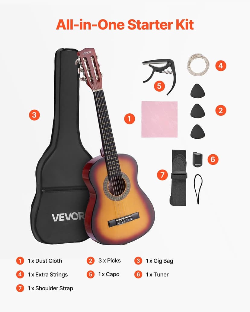 VEVOR Acoustic Guitar, Classical Guitar Starter Kit for Beginners, with Nylon Strings, Basswood Guitar, for Kids Adults Girls Boys Students