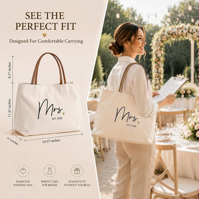 Engagement Gift for Bride, Wifey, Bachelorette Party Favors, Honeymoon, Wedding Essentials Bag with Leather Handle & Pocket Bridal Shower Gifts Bride Tote Bag for Bride to Be, Future Mrs B0GTV3F3QJ