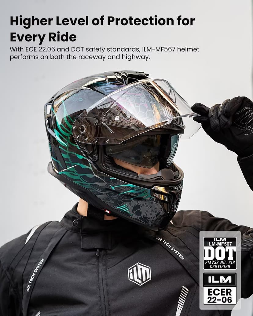 ILM Motorcycle Helmets DOT ECE Dual Visor Street Racing Helmet Full Face Powersports Cascos for Men Women Model MF567(Cobra Camaleon Purple, L)