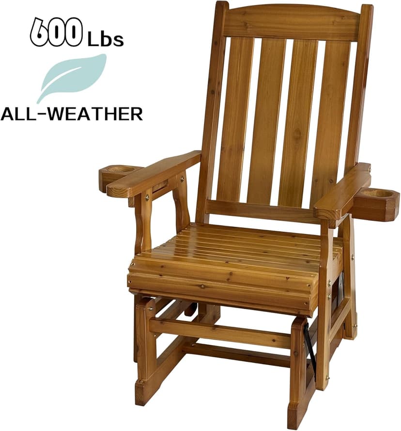 Fortune Candy Wooden Patio Glider for One Person, with High Back and Deep Contoured Seat, Solid Fir Wood, Heavy Duty 600 LBS (Cedar Tone, 1-Seater)