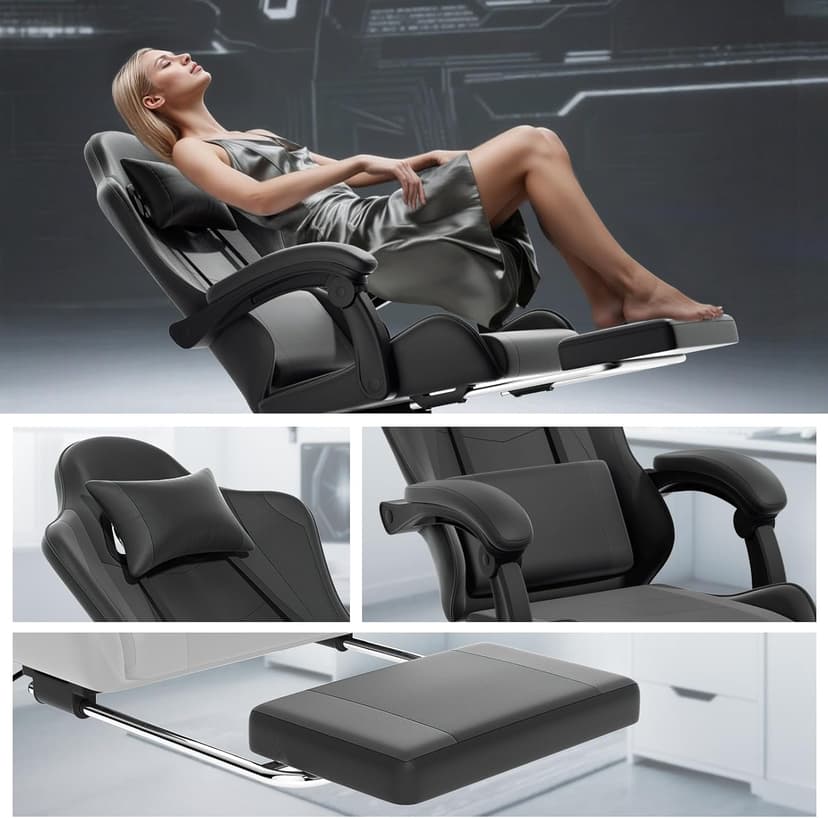 Athena Collection Gaming Chair, Ergonomic Gaming Chair with Footrest & Headrest Lumbar Support, Height Adjustable Swivel Computer Chair Office Chair Adults(Carbon Fiber Black)
