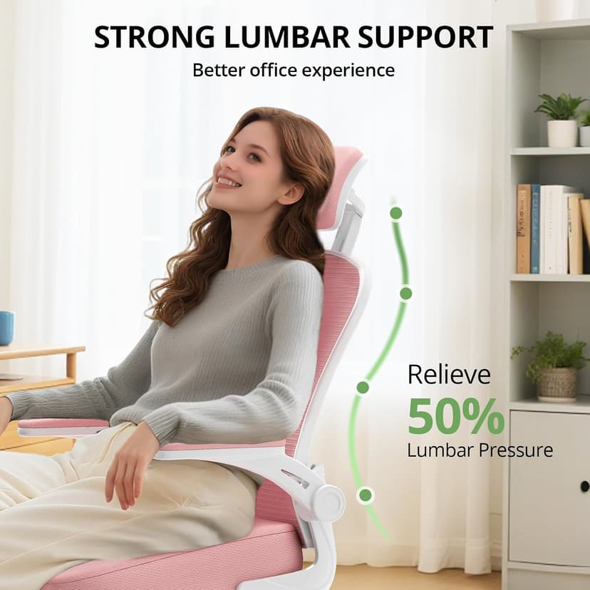 Office Chair Ergonomic Desk Chair, 330LBS Capacity, High Back Computer Design for Long Hours Comfort, Rolling Swivel Executive Task for Home Office with Flip-up Armrests, White Pink