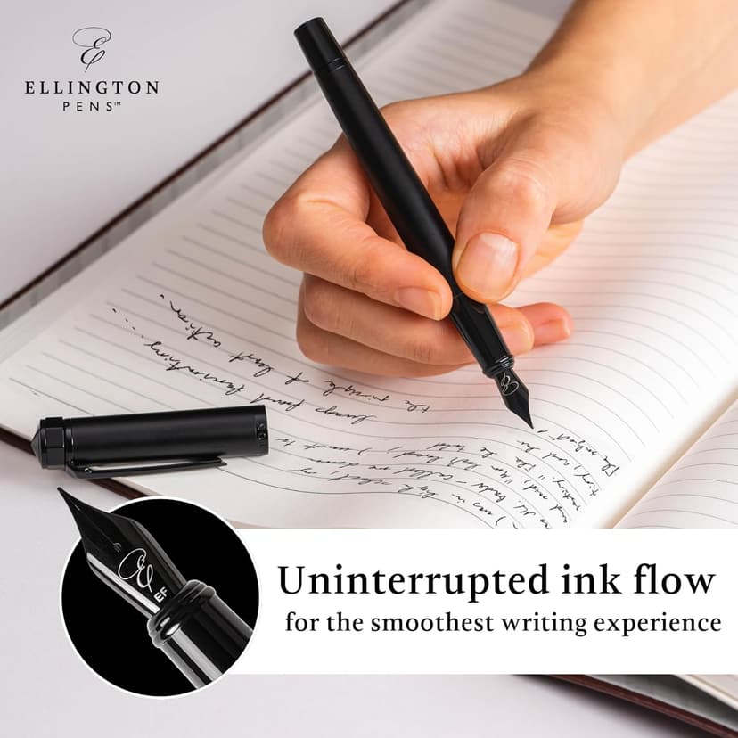 Ellington Pens Luxury Fountain Pen Set - Fountain Pen For Writing - Smooth Medium Nib - Includes Refillable Ink Converter, 3 Ink Cartridges, Gift Box - Calligraphy, Journaling, Sketching (The Stealth)