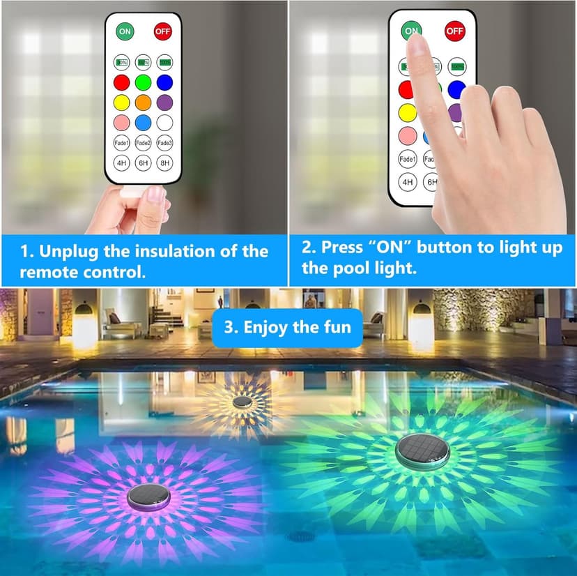 Solar Rechargeable Floating Pool Lights(2 Pack), Pool Lights That Float with Remote Control, 9 Lighting, Timing Mode, IPX7 Waterproof for Inground Pool, Bathroom, Bathtub, Pool Party