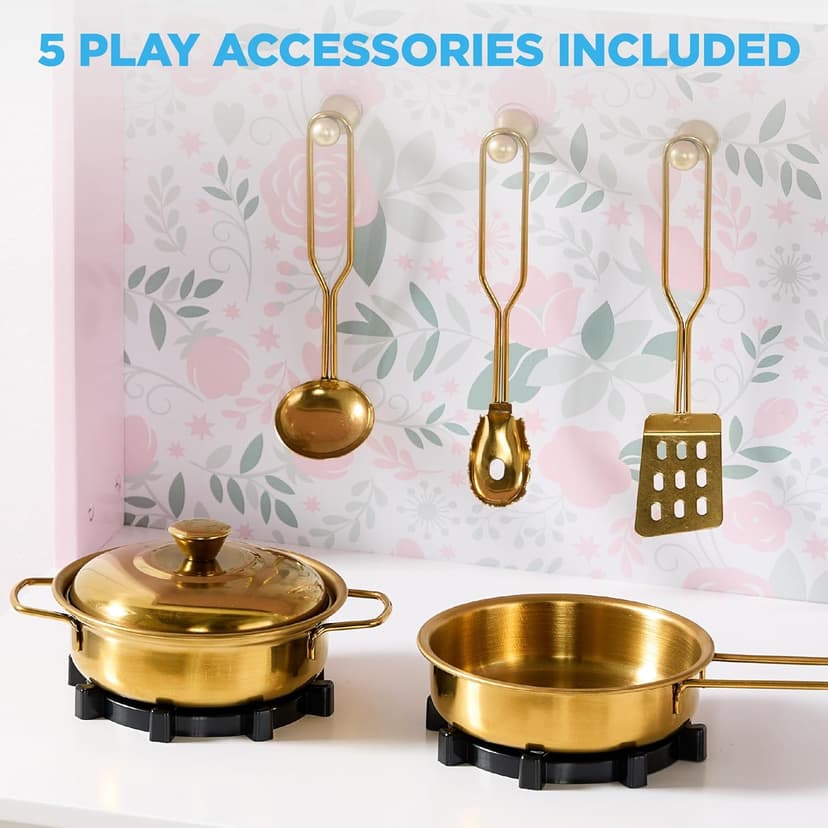 Best Choice Products Toddler Kitchen Playset, Wooden Cottage Kids Play Kitchen with 5 Accessories, Toy Storage, Scalloped Edge, and Pretend Play Microwave, Oven, Clicking Knobs - Pink