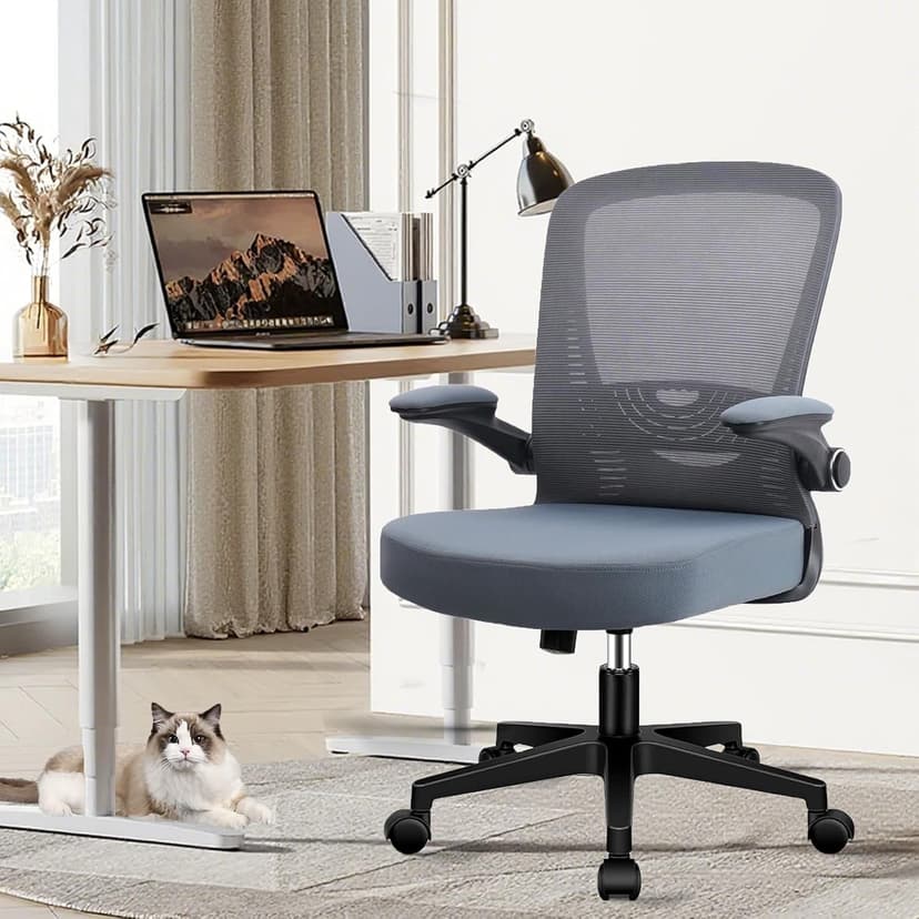 CLATINA Desk Chairs with Wheels, Flip Up Arms Ergonomic Mesh Back Office Chair with Lumbar Support, Adjustable Height Swivel Rolling Computer Task Chairs for School Conference Room Home Study, Grey