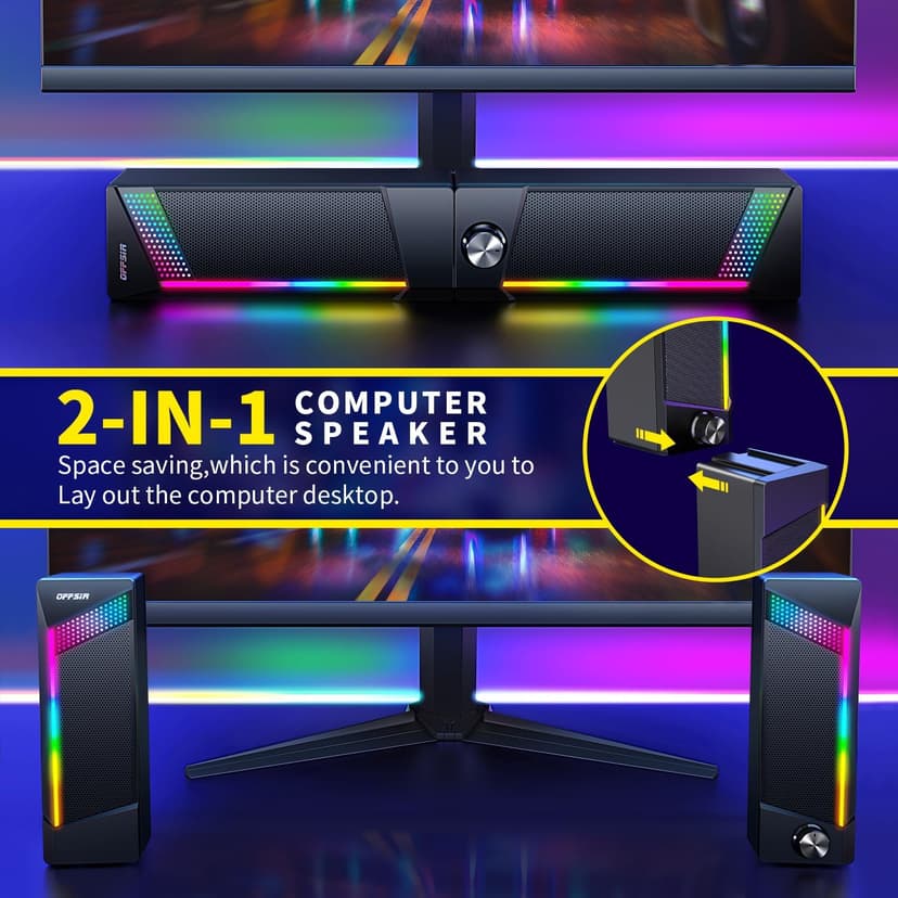 Computer Speakers, 2 in 1 PC Speaker , Gaming Speakers for PC Computer Laptop Desktop Monitor, RGB Speakers with Touch Sensitive Lighting, USB Powered 3.5mm Aux(Package Only Two Speaker, No Soundbar)