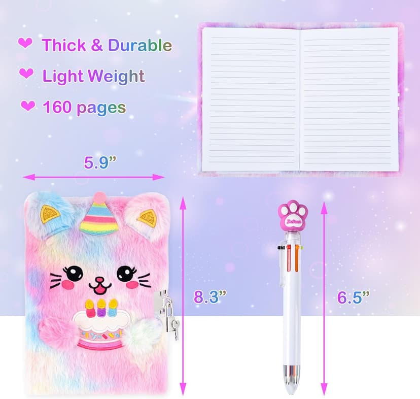 Secret Journal Notebook with Cute Purse Multicolored Pen Gifts for Daughter Grandkid Niece Student PJDRLLC Plush Cat Diary with Lock – Birthday Gift for 6-12 Years Girls B0H34DWW59