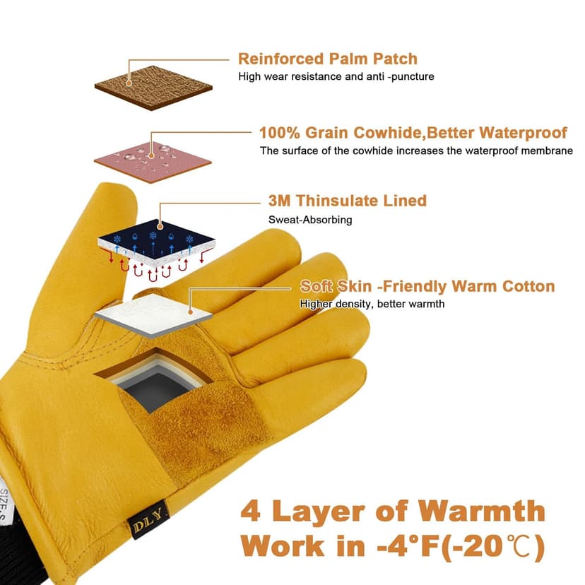 DLY Winter Work Gloves for Men, Water-Resistant, Insulated, Puncture and Abrasion Resistant, Cowhide Leather with Warm Thinsulate Lining for Cold Weather, Large, Yellow, New