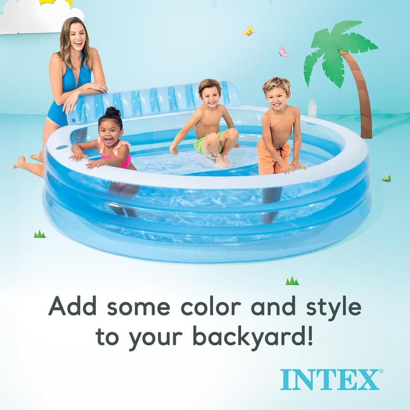 INTEX Swim Center Inflatable Family Lounge Pool: Built-In Bench – Cup Holder – 156 Gallon Capacity – 90" x 86" x 31" – Blue