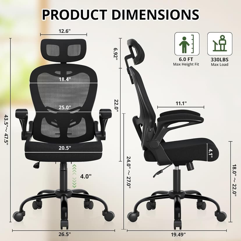 Office Chair Ergonomic Desk Chair, 330LBS Capacity, High Back Computer Chair with Lumbar Support, Flip-up Armrests Swivel Task Chairs for Long Hours Work