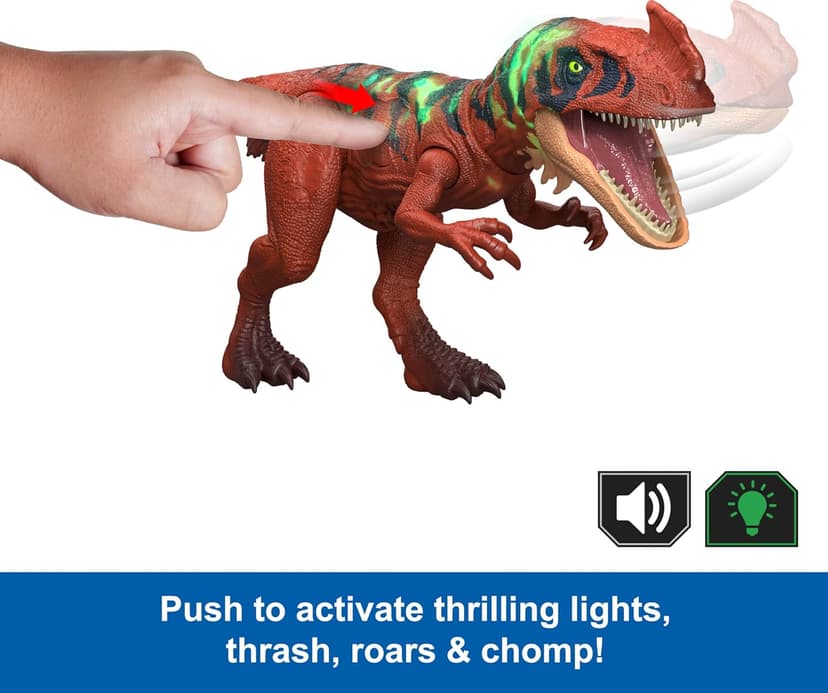 Mattel Jurassic World Wild Roar Afrovenator Dinosaur Action Figure Toy, Attack Action & Lights & Roar Sound, Scan Code for Digital Play