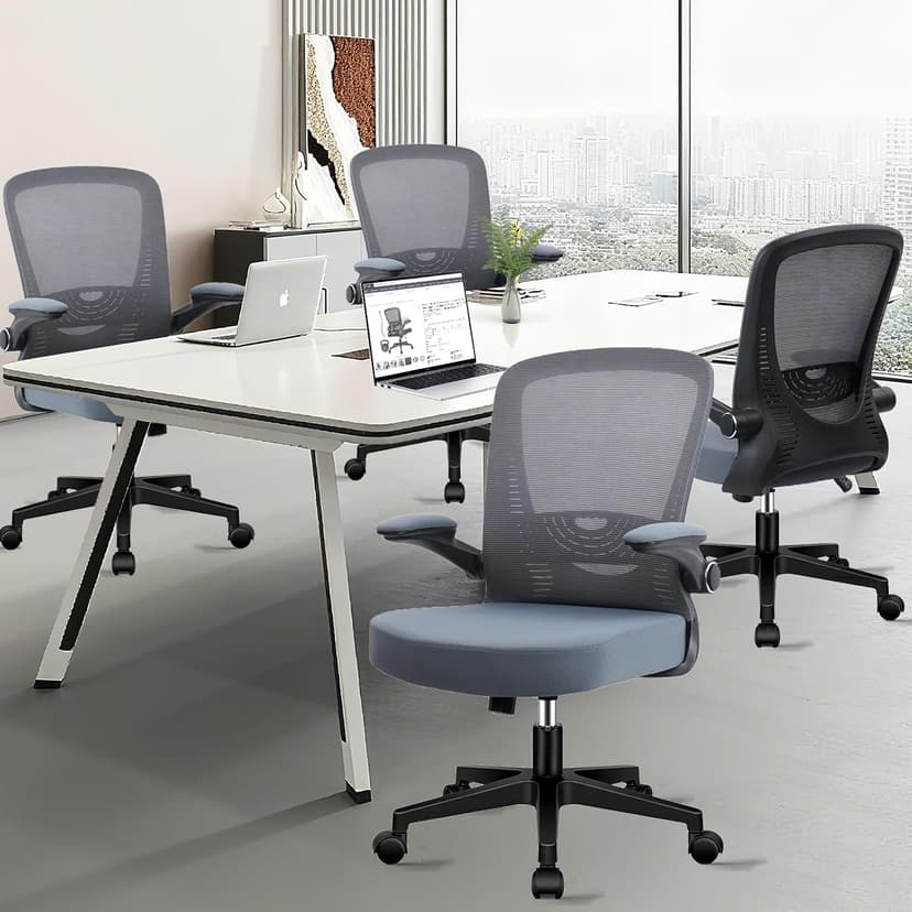 CLATINA Desk Chairs with Wheels, Flip Up Arms Ergonomic Mesh Back Office Chair with Lumbar Support, Adjustable Height Swivel Rolling Computer Task Chairs for School Conference Room Home Study, Grey