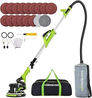 WorkBless Drywall Sander, 1050W 7.2A Popcorn Ceiling Removal Tool, Automatic Drywall Sander with Vacuum Dust Collector, 7 Variable Speed 1000-2100RPM, 15Pcs Sanding Discs(Green)