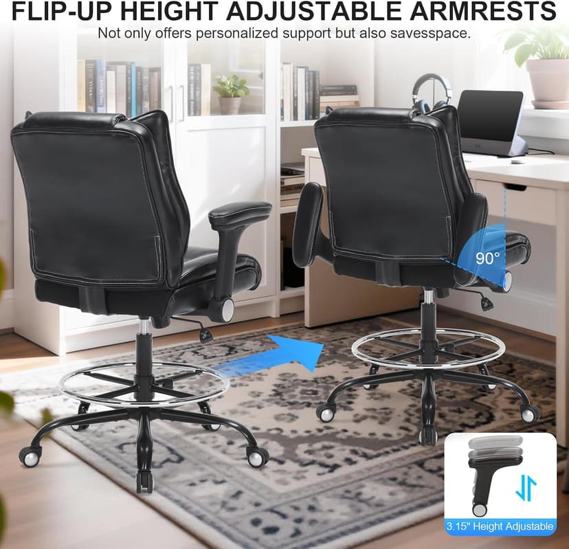 Office Drafting Chair, Tall Desk Chair with Adjustable Armrests and Footrest Ring PU Leather Standing Desk Chair with Extra Thicken Seat Cushion, Comfy High Office Chair for Counter Height Desk, Black