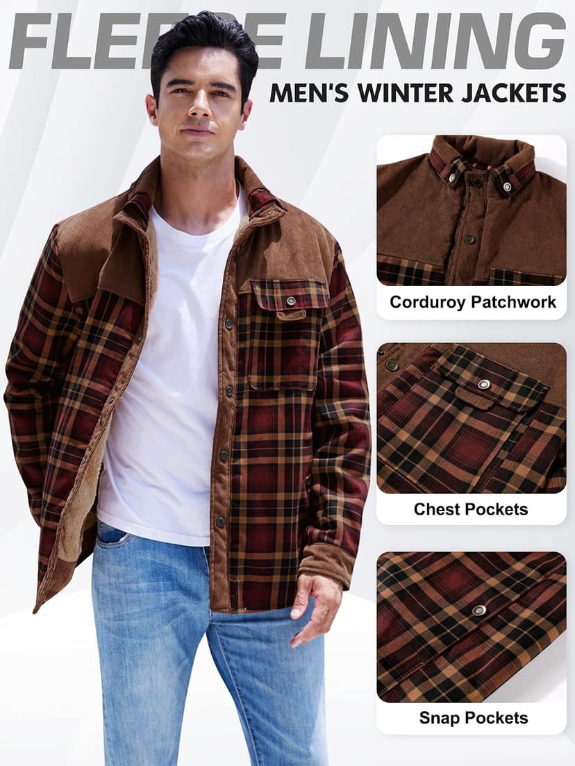 Gihuo Men's Long Sleeve Sherpa Lined Shirts Outdoor Warm Flannel Plaid Jacket Button Down Fleece Coats B0D8J55BZW