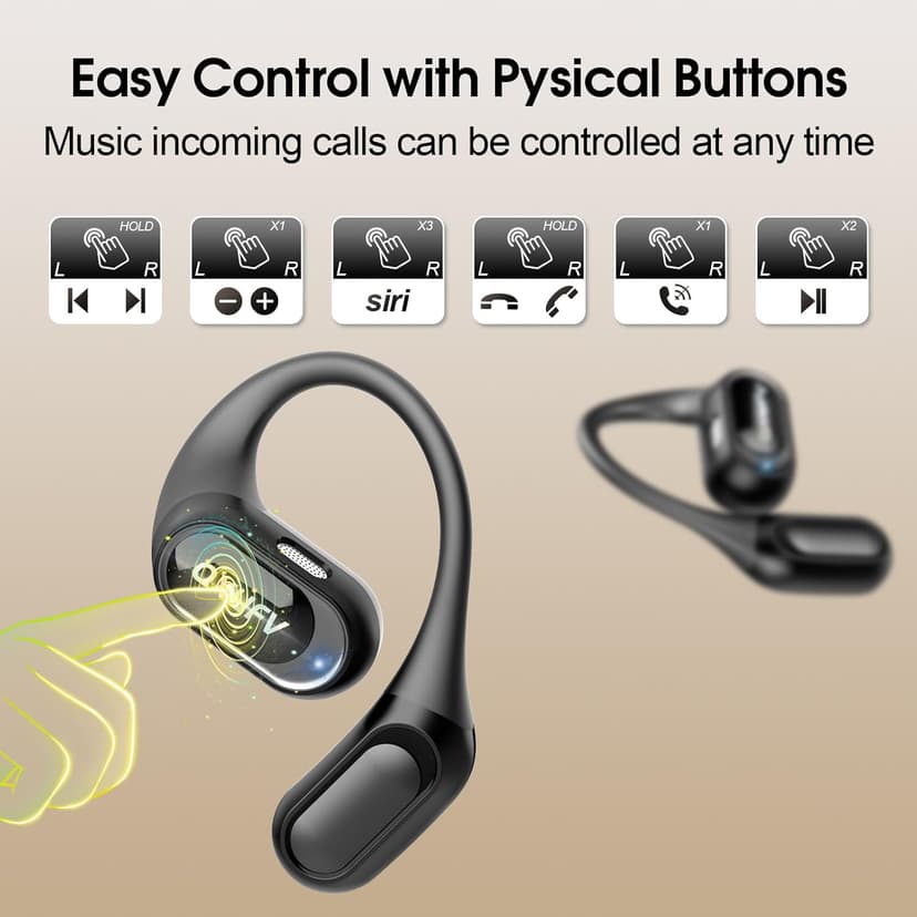 Open Ear Headphones, Bluetooth 5.4 Wireless Earbuds Premium Sound with HD Mic, 48H Playtime LED Power Display Auto Pairing Ear Buds, IPX7 Lightweight Comfort Earphones for Sporting, Working, Black