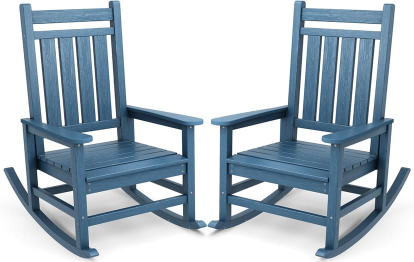 SERWALL Oversized Outdoor Rocking Chair Set of 2, HDPE Rocker for Adults, Patio Rocking Chairs for Porch, Blue