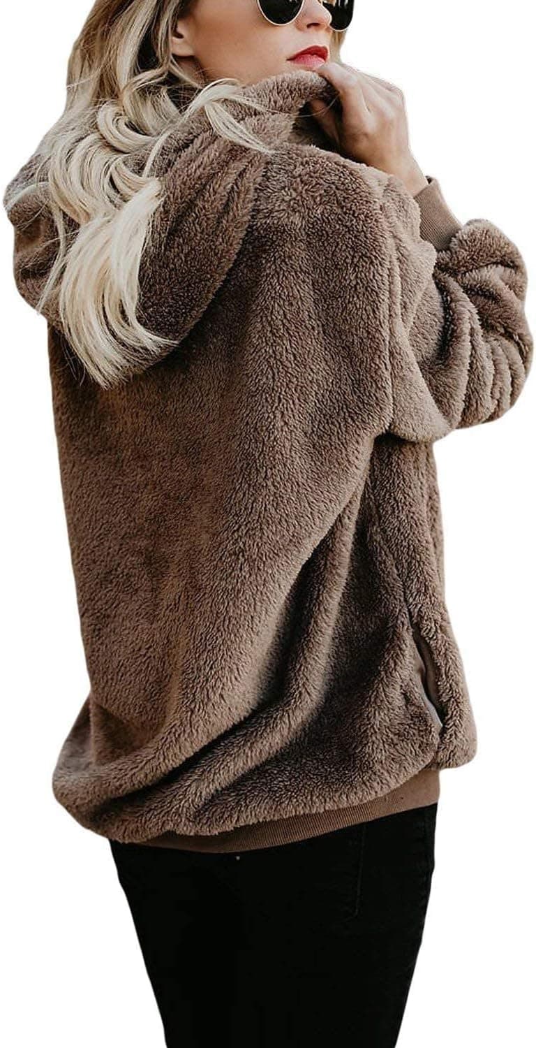 ReachMe Womens Oversized Sherpa Pullover Hoodie with Pockets Fuzzy Fleece Sweatshirt Plaid Fluffy Jacket Coat