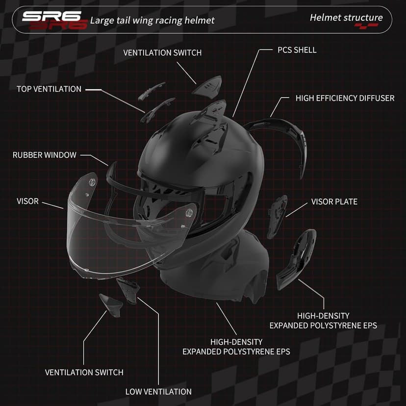 SR6 Full Face Motorcycle Helmet, Equipped with Clear & Multicolour Visors DOT Approved Street Racing Helmet