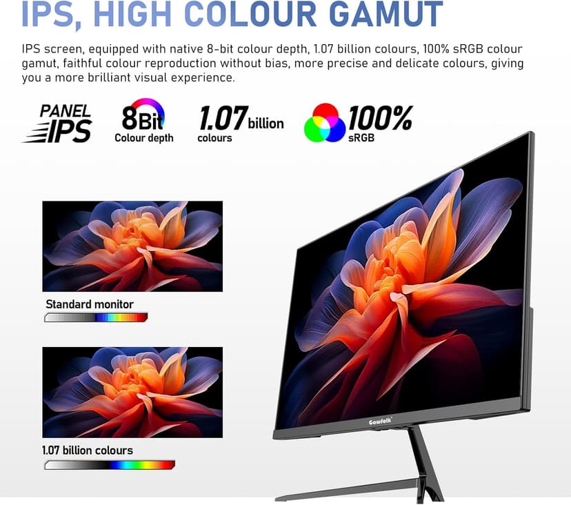 Gawfolk 27 inch IPS 2K QHD (2560×1440) Computer Monitor 75Hz Gaming PC Screen, 1ms,Adaptive Sync,100% sRGB, 1.07 Billion Colours,Built-in Speaker,Display 1.4、Port HDMI2.0, Black