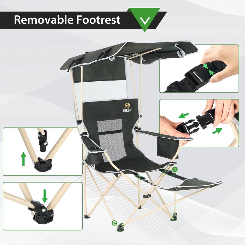 Nice C Chair with Canopy, Umbrella Chairs, Chair with Shades, Sports Chairs, w/Removable Footrest, Cooler Bag, Cup Holder for Camping, Fishing, Sports, Soccer, Beach (1-P Green)
