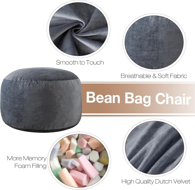 SHOUREN 3 Ft Bean Bag Chair,Memory Foam Bean Bag Chairs for Adults,Bean Bag Sofa for Living Room,Beanbag with Filler Included,Soft Velvet Fabric,Pull-Handle - 3 Foot,Dark Grey