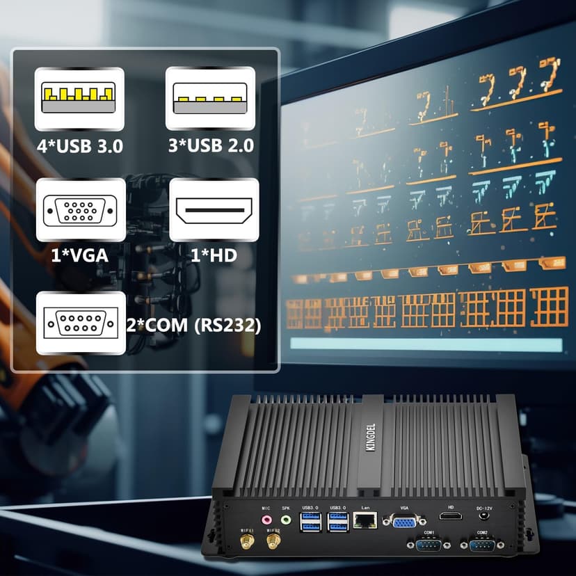 KINGDEL Fanless Industrial Computer, Mini PC, core i7 8th Gen. CPU, 16GB RAM 512GB NVMe SSD, 4K: 4096x2304, HD Port, VGA, 4xUSB 3.0, 2xCOM RS232, WiFi+Bluetooth, Metal Case