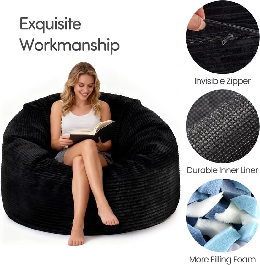 Bean Bag Chairs for Teens, 3FT Bean Bag with Memory Foam Filling, Bean Bag Chairs with Plush Microfiber Removable Cover, Cozy Sofa for Reading, Gaming- Black