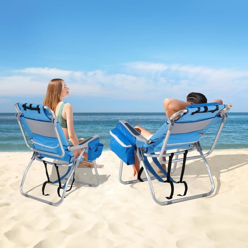 VINGLI Tall Beach Chair 2 Pack Lightweight, Backpack Beach Chair for Adults with 5-Position, Cooler Bag, Cup Holders, Towel Bar, Folding Beach Camping Chairs(16“-Blue)