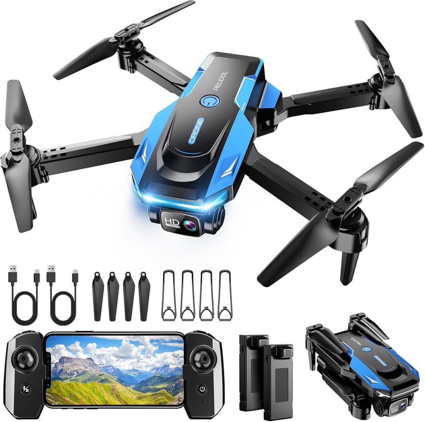 Drone with 1080P Camera - Foldable Remote Control Quadcopter with Gesture Control, 3D Flip, One Key Start, Emergency Stop, 2 Batteries, Easier to use, Toy for Adult Beginners, Black&Blue