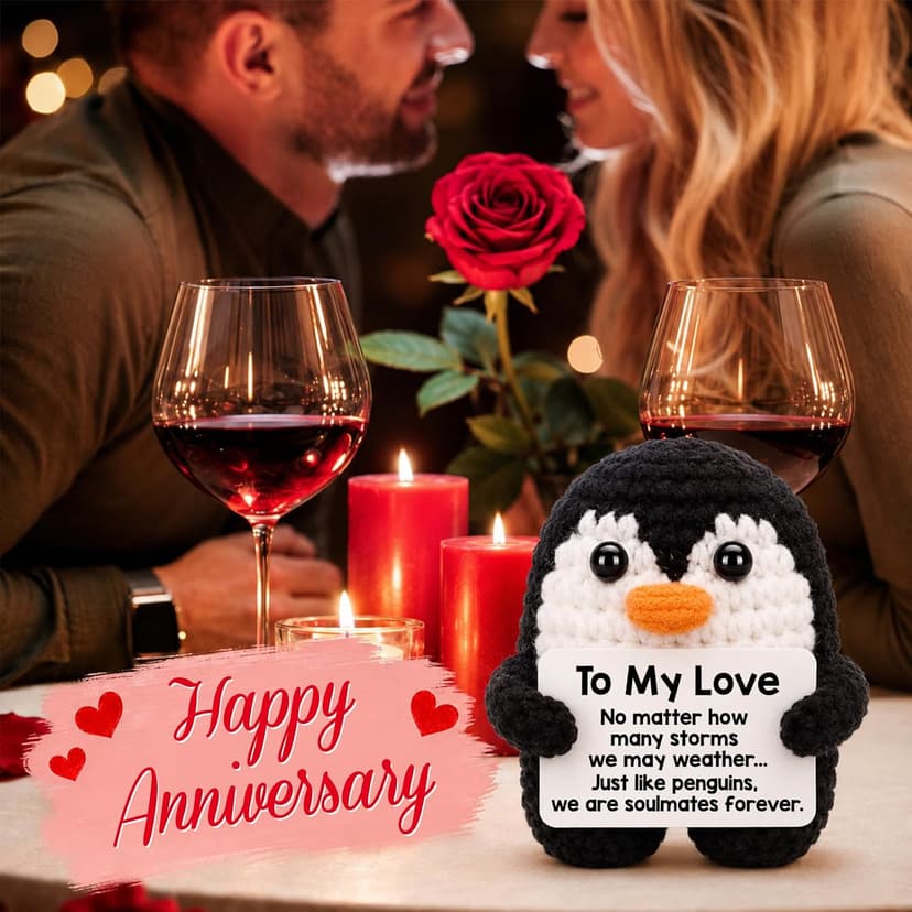 Gifts for Him Her Boyfriend Girlfriend, To My Love Handmade Crochet Penguin Present, Wedding Anniversary Birthday Gift for Women Men, Romantic I Love You Gift for Couples Wife Husband Christmas