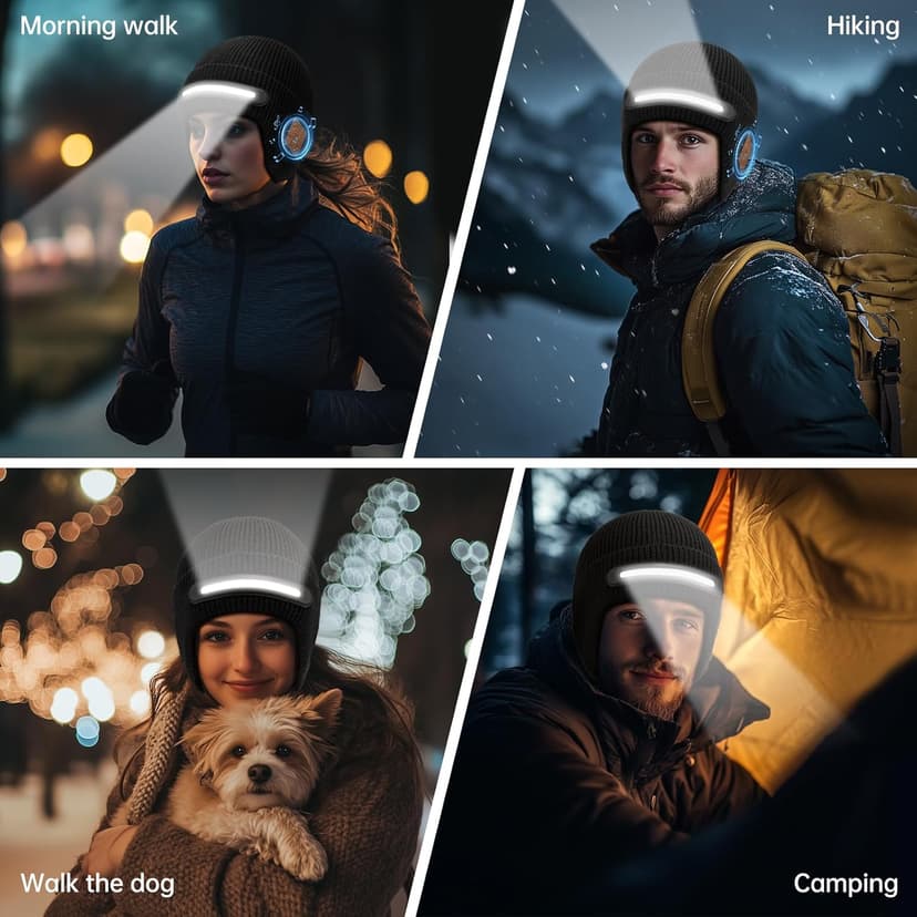 Bluetooth Beanie with Light, Headlamp Hat with Headphones and Built-in Speaker Mic, Unique Christmas Gifts for Men Husband