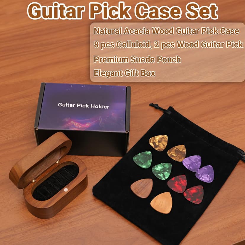 Onmiwod Guitar Pick Holder Set with 2 Color Wood Picks and 8 Celluloid Picks in 3 Thicknesses, Wooden Guitar Pick Case, Mini Jewelry Box, Guitar Music Accessories Gifts for Guitar Lover Player B0FMS2J7FV