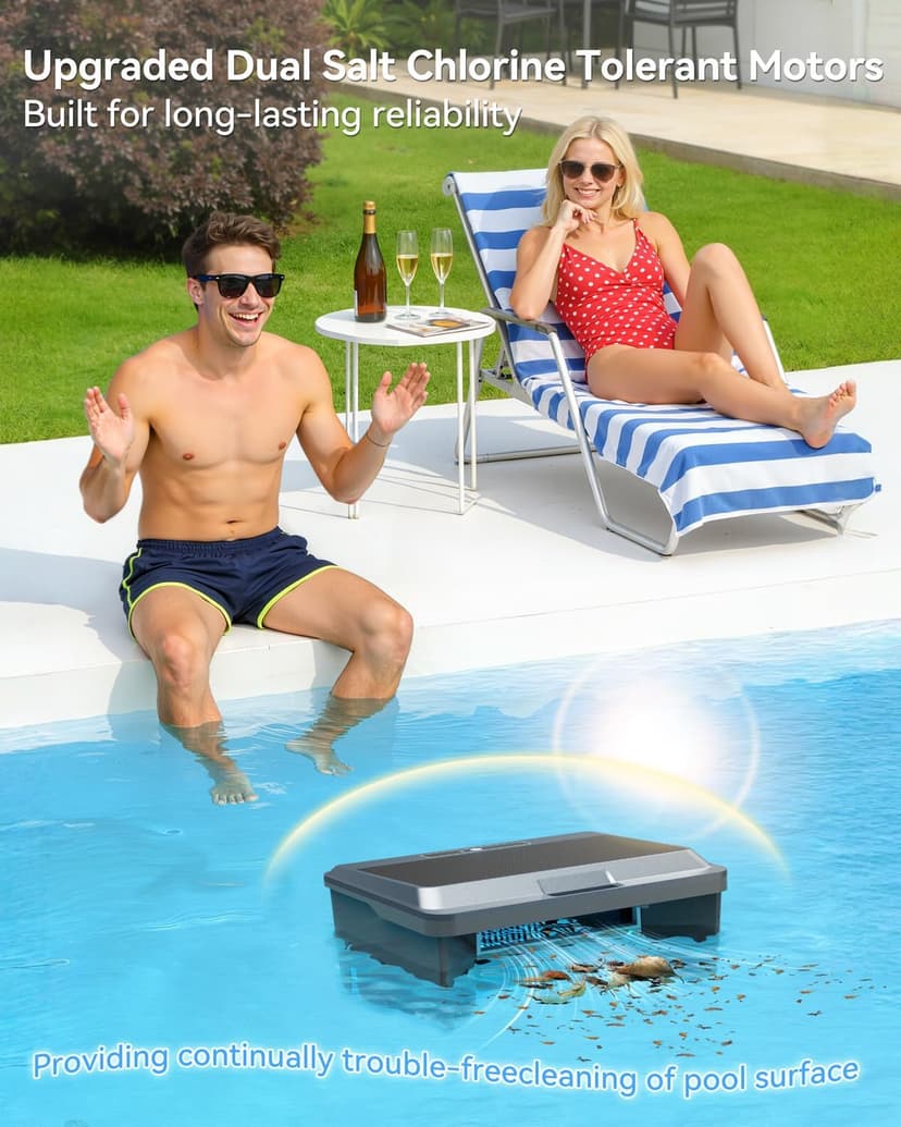 2026 Upgraded F1T Solar Powered Robotic Pool Skimmer Surface Cleaner with APP Support Dual Charging Options Smart Obstacle Avoidance 24/7 Continuous Cleaning Ideal for Above Ground Pool Gray