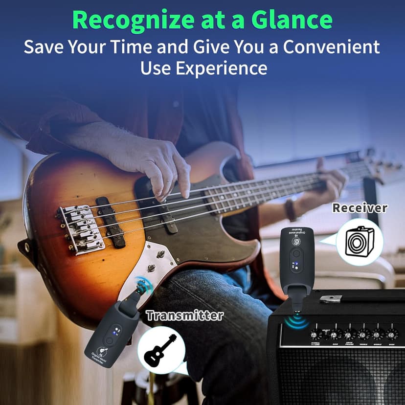 A9 Wireless Guitar System - 2.4GHz Guitar Accessories Transmitter Receiver, 24-bit 48KHz Audio, 100ft Range, No Latency, 4-Hour Rechargeable Battery, for Electric Bass (Black(1TX+1RX))