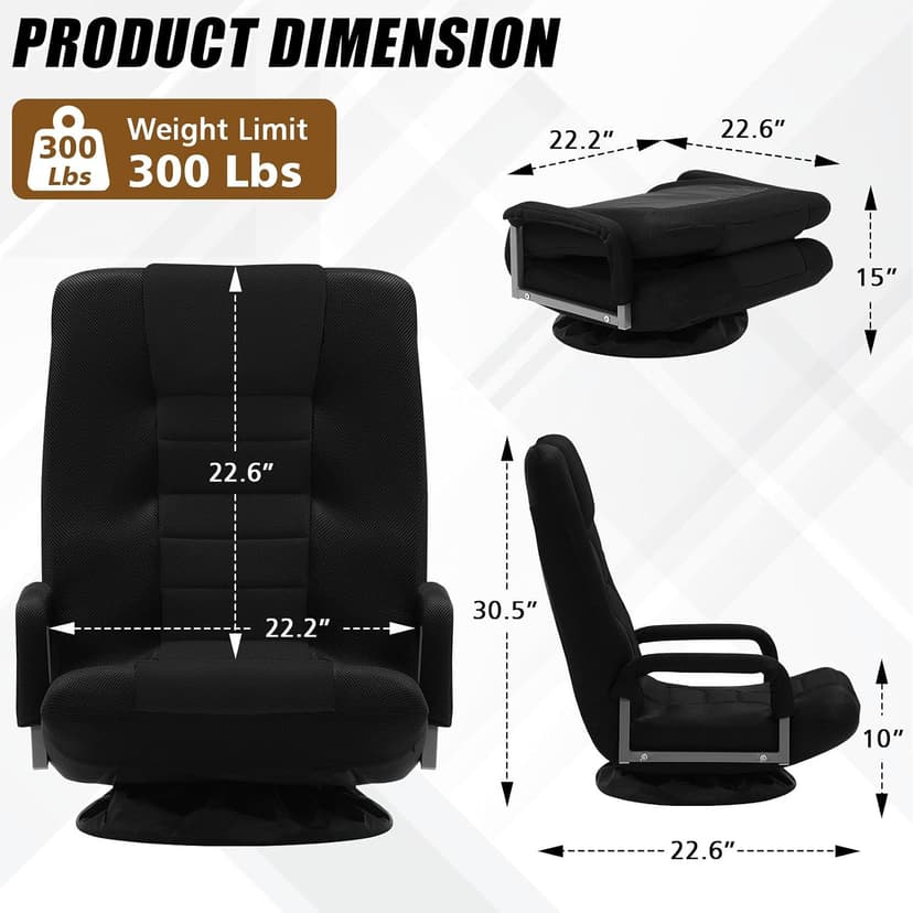 Swivel Gaming Chair Multipurpose Floor Gaming Chair for Playing Video Games, TV, Reading w/Armrest Lumbar Support & 6 Adjustable Postion Backrest for Adults, Black