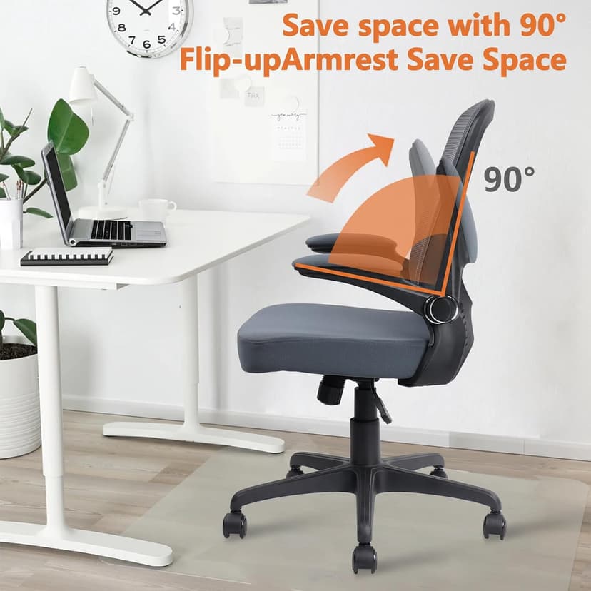 CLATINA Desk Chairs with Wheels, Flip Up Arms Ergonomic Mesh Back Office Chair with Lumbar Support, Adjustable Height Swivel Rolling Computer Task Chairs for School Conference Room Home Study, Grey