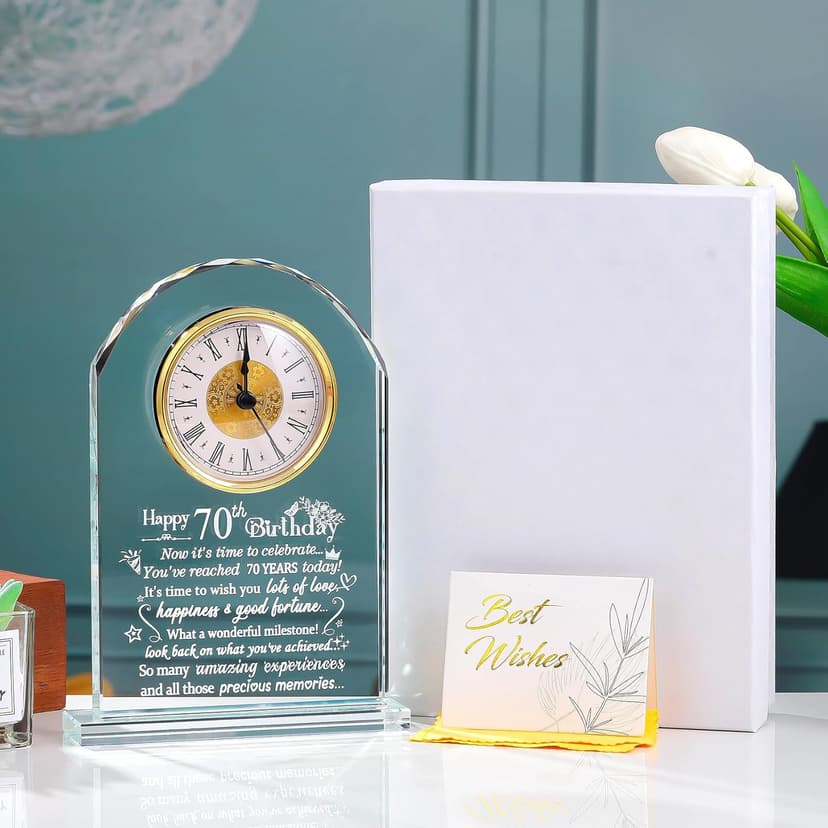 Ornalrist Happy 70th Birthday Glass Clock Gifts for Women, Men - 70 Year Old Birthday Keepsake for Mom, Dad, Parents Home Decor (8.3'' Gift Boxed)