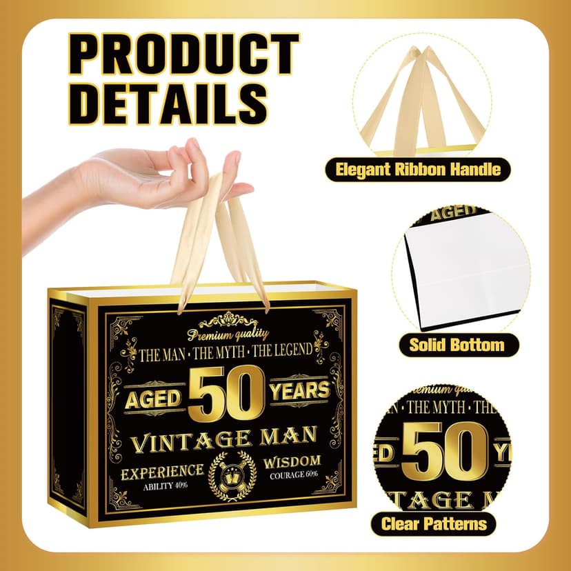 Vintage 50th Birthday Gift Bag for Men with 50th Wrapping Paper and Card Black Gold 1976 Birthday Gift Wrap Treat Bags for Vintage Men Aged 50 Years Old Bday Anniversary Party Supplies Decorations