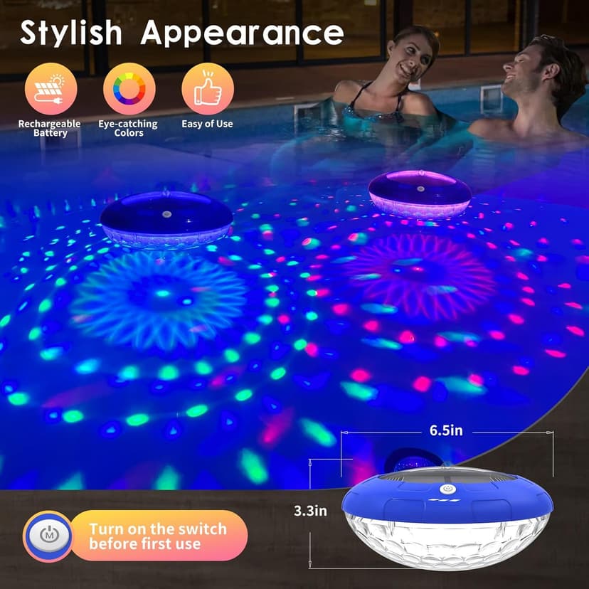 FirstE Solar Floating Pool Lights, RGB Color Changing Pool Floating Light, IP68 Waterproof LED Solar Pool Lights That Float, Hangable Auto ON Off for Above In Ground Pools Wedding Party Decoration (2)