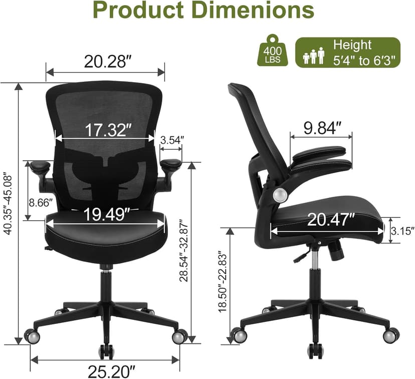Ergonomic PU Leather Office Chair, 400lbs Weight Capacity, Breathable Mesh Back, Adjustable Height & Flip-Up Arms, Heavy Duty Computer Desk Chair for Home & Office, Black
