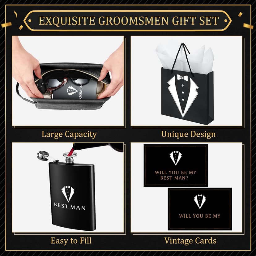 Complete Gift Set for Wedding with Flasks Shot Glasses Funnels Toiletry Bags Sunglasses Bottle Openers Gift Bags and Cards Rigibright 60 Pcs Groomsmen Gifts Set of 6 for Wedding Best Man Gift B0F6N4938G
