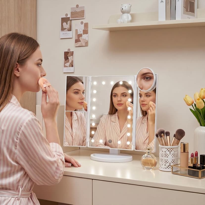 HUONUL Makeup Mirror Vanity Mirror with Lights, 2X, 3X, 10X Magnification, Touch Control, Trifold, White, 9.4" L x 13.4" W, Modern Style, Dresser Mount, Bathroom