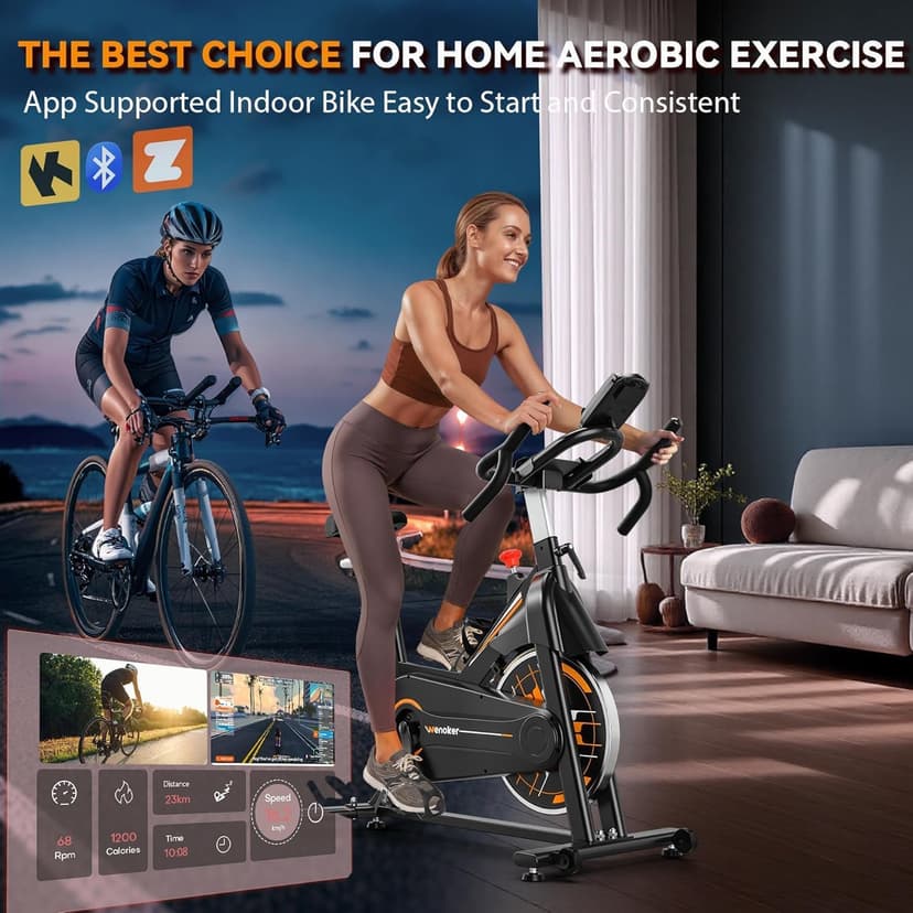 Exercise Bike, Wenoker Stationary Bike for Home, App Supported Indoor Bike with Silent Belt Drive, Heavy Flywheel, Multi-grips Handlebar and Upgraded Digital Display