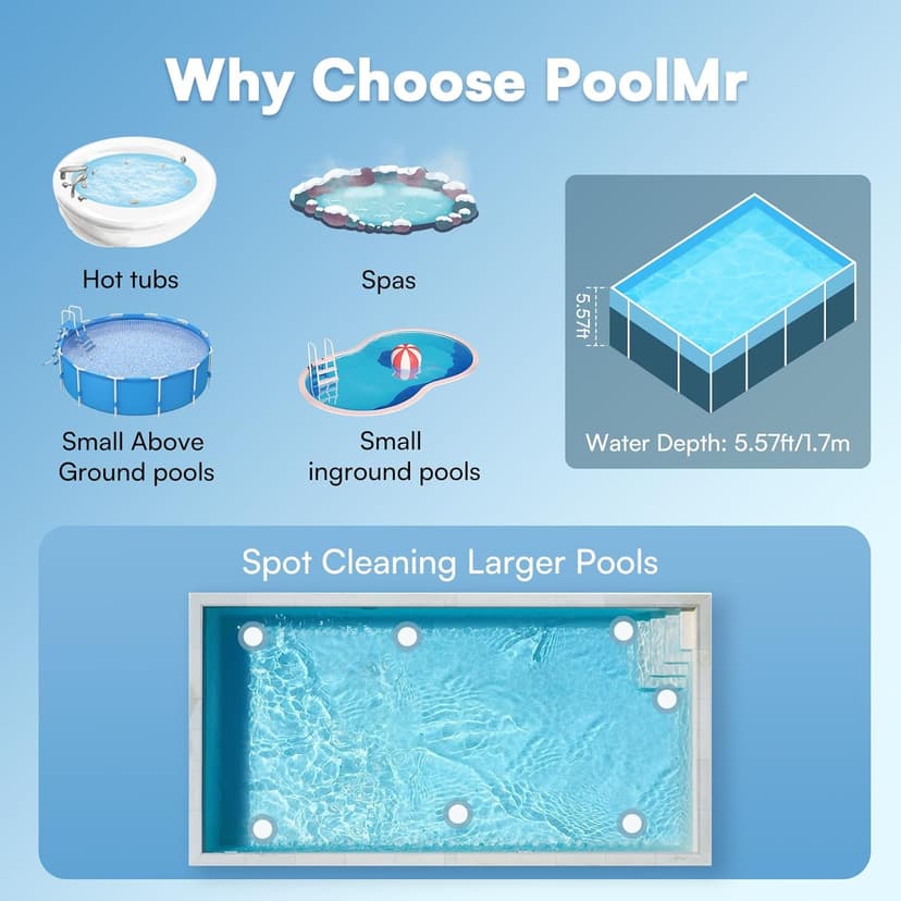 Handheld Spa Hot Tub Vacuum- Cordless Small Above Ground Pool Cleaner with 2 Brush Heads, 90 Mins Running Time, 12 Gallons/Min Powerful Suction, Ideal for Cleaning Debris and Sand Underwater, Black