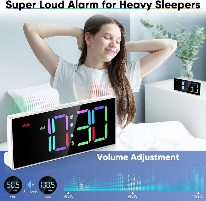 Alarm Clock with Large Display Big Numbers,5 Levels Brightness,Snooze,USB Charging Port,LED and Mirror Desk Clock,Dual Alarms Modern Electronic Clock for Bedroom Home Living Room Office. (White)