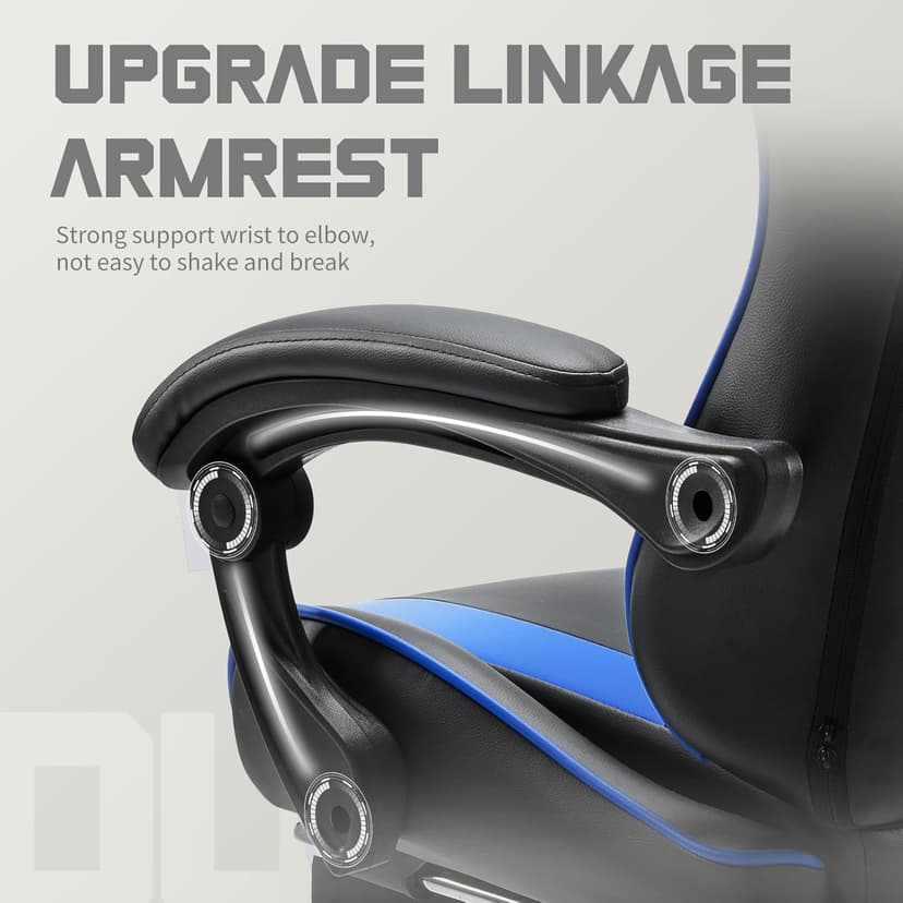 DUMOS Ergonomic Gaming Office Desk Chair with Linkage Armrests for Adults, Height Adjustable Computer Chair with Footrest and Headrest, PU Leather 360° Swivel Recliner with Lumbar Support, Deep Blue
