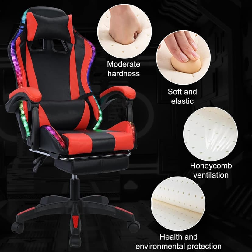 Gaming Chair with Bluetooth Speakers and Led Lights, Massage Gamer Chair with Footrest High Back and Lumbar Support, Ergonomic Height Adjustable Video Game Chairs Recliner for Adults (Black Red)