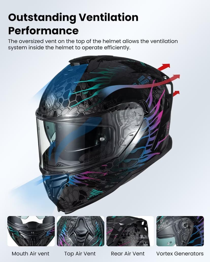 ILM Motorcycle Helmets DOT ECE Dual Visor Street Racing Helmet Full Face Powersports Cascos for Men Women Model MF567(Cobra Camaleon Purple, L)